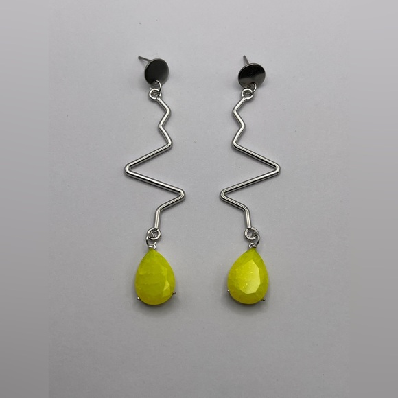 Minimalist Retro Silver & Yellow Earrings - Mid-Century Long Statement Earrings - Picture 3 of 15